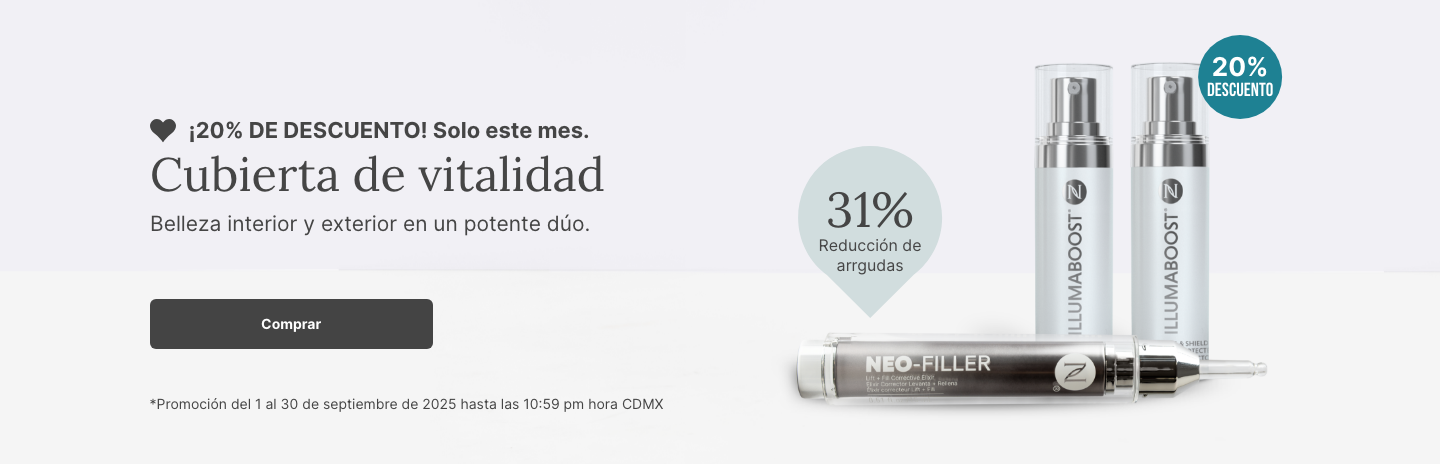 A promotional banner for a combo of Neora’s Neo-FILLER and NeoraFit Slim + Skin. Featured is text reading ”20% OFF this month only.” and a “Shop Now” button underneath it.